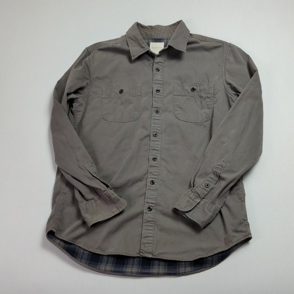 American Eagle Mens LT Size Gray Solid Button Up Shirt Casual Plaid Lining